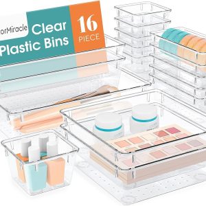 16 PCS Drawer Organizer Set, 5 Varied Size Bathroom and kitchen Drawer cabinet organizer Trays, Clear Storage Bins for Makeup, Jewelry, Utensils and Gadgets