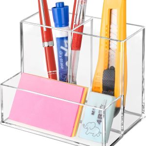 Pen Holder for Desk, Clear Acrylic Pencil Holder for Desk, Marker Holder with 3 Compartments, Pencil Organizer for Home, Office, Classroom, Bathroom